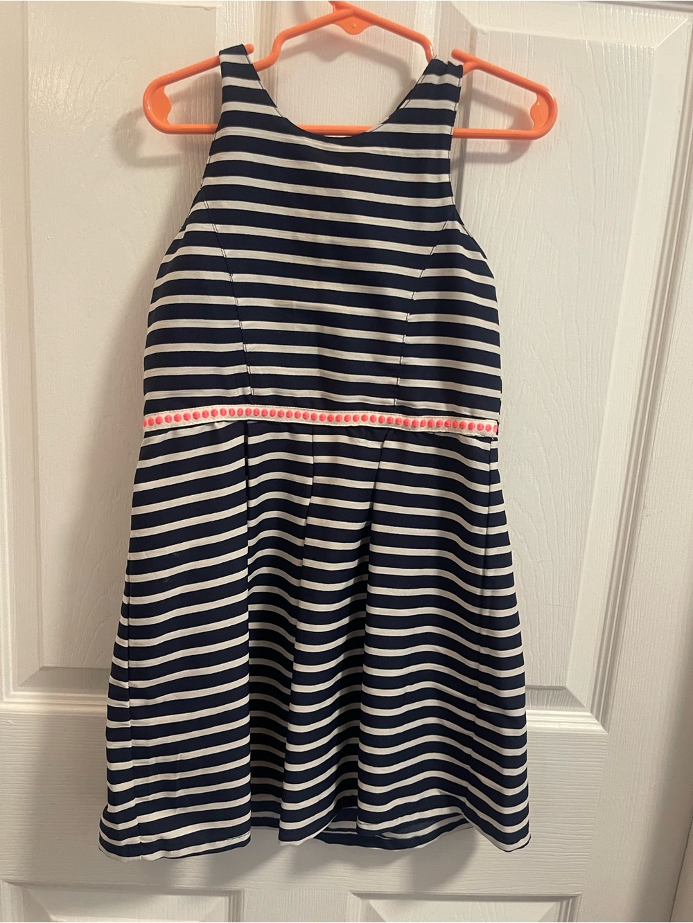 Navy and White Striped Girls' Halter Dress with Pink Waist Detail